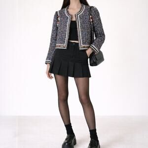 Zara Woman Inspired Lady Jacket Tweed Cropped Embellished Trim Tassel Navy XL